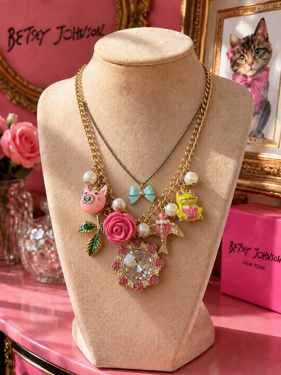 Betsey Johnson Jewelry - Vintage Betsey Johnson Pink Floral & Charm Statement Necklace